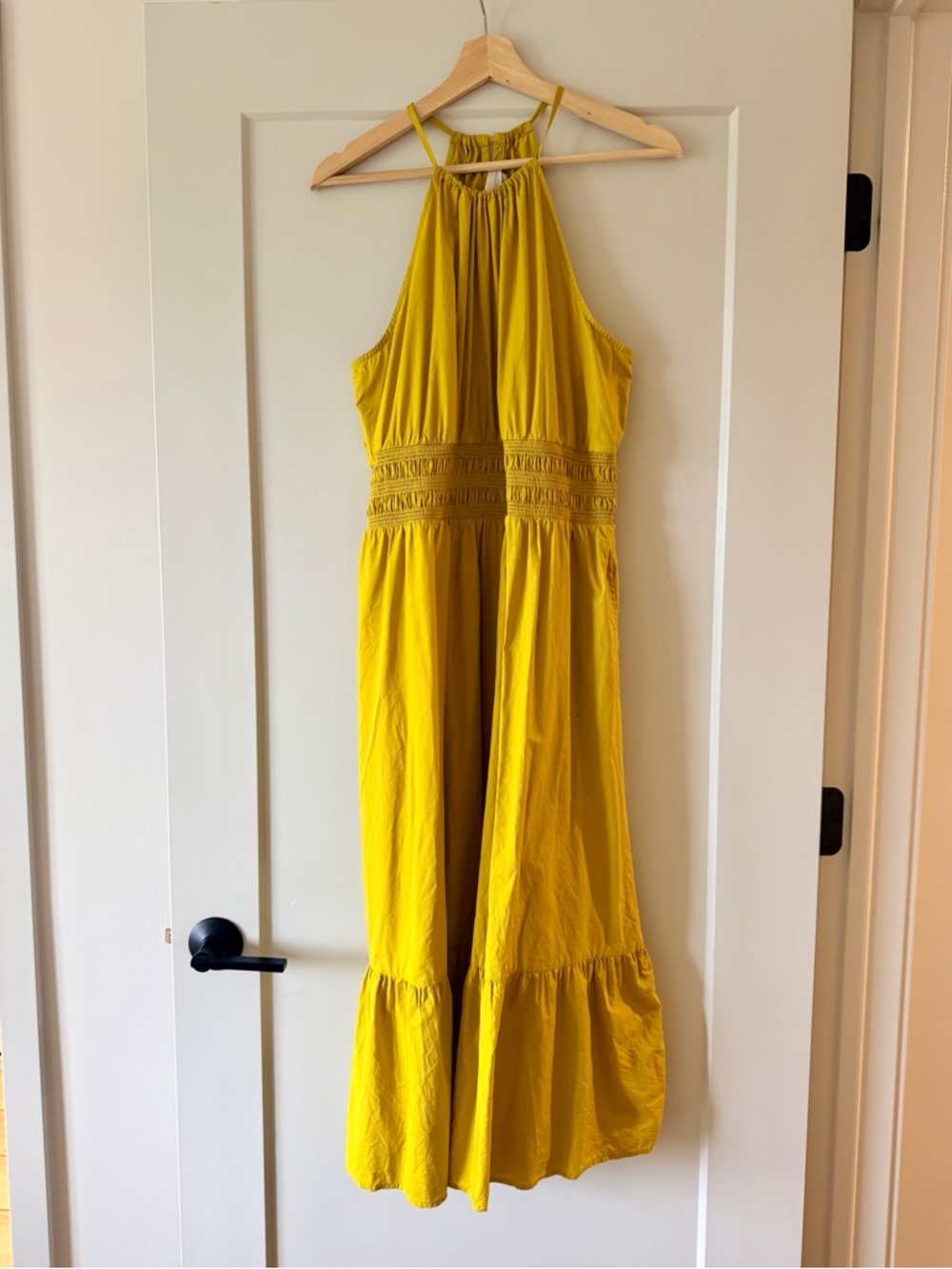 A New Day Mustard Yellow Halter Maxi Dress Smocked Waist Size L